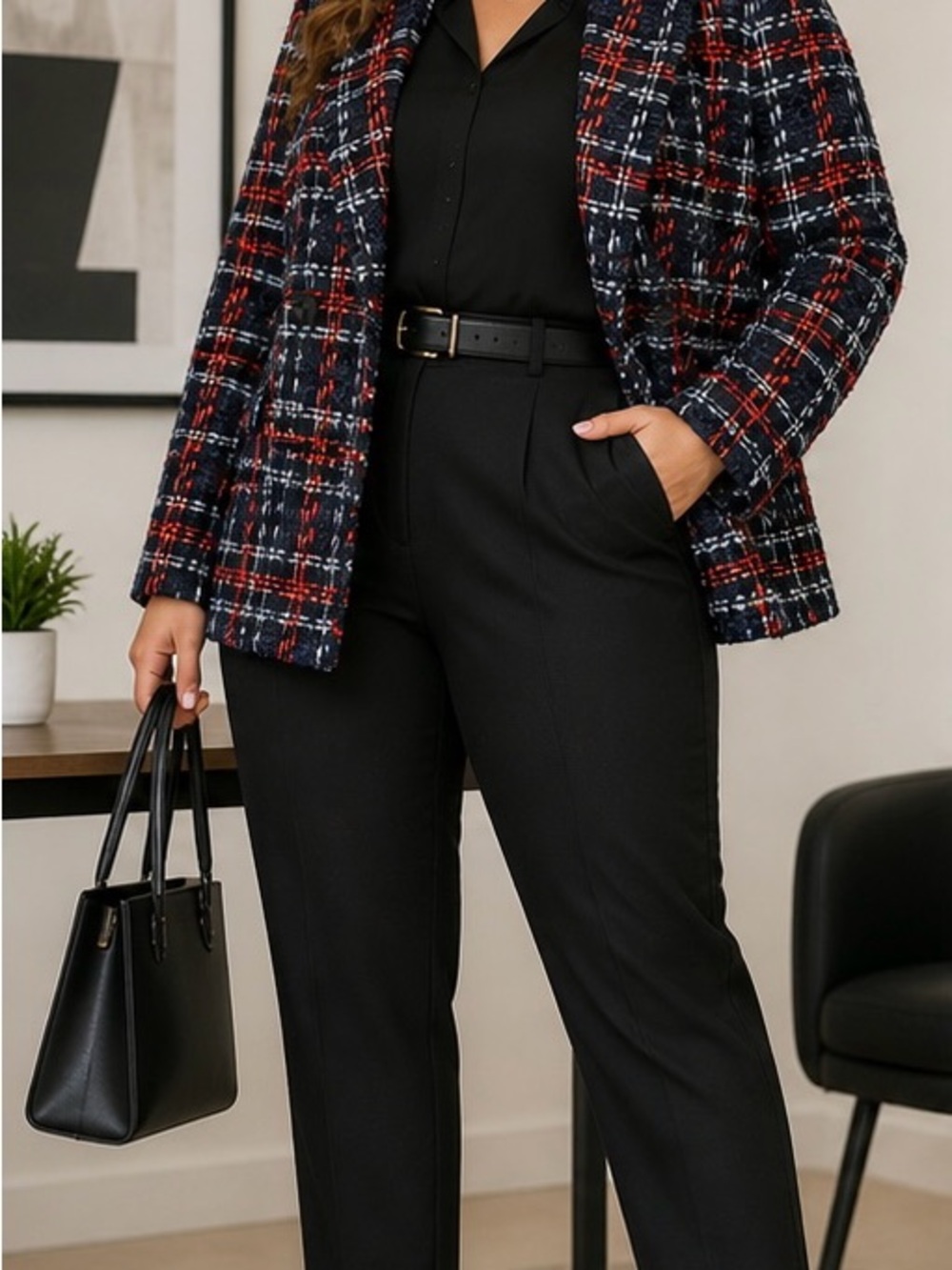 Bar III Tweed Blazer Jacket Plaid Red Black White Career Workwear Size 1X